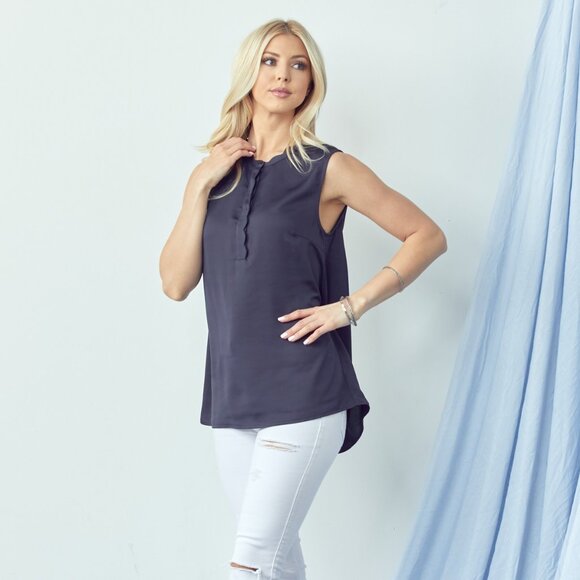 DOE & RAE Navy Scalloped Sleeveless Blouse, Elegant Work Top - Picture 6 of 7